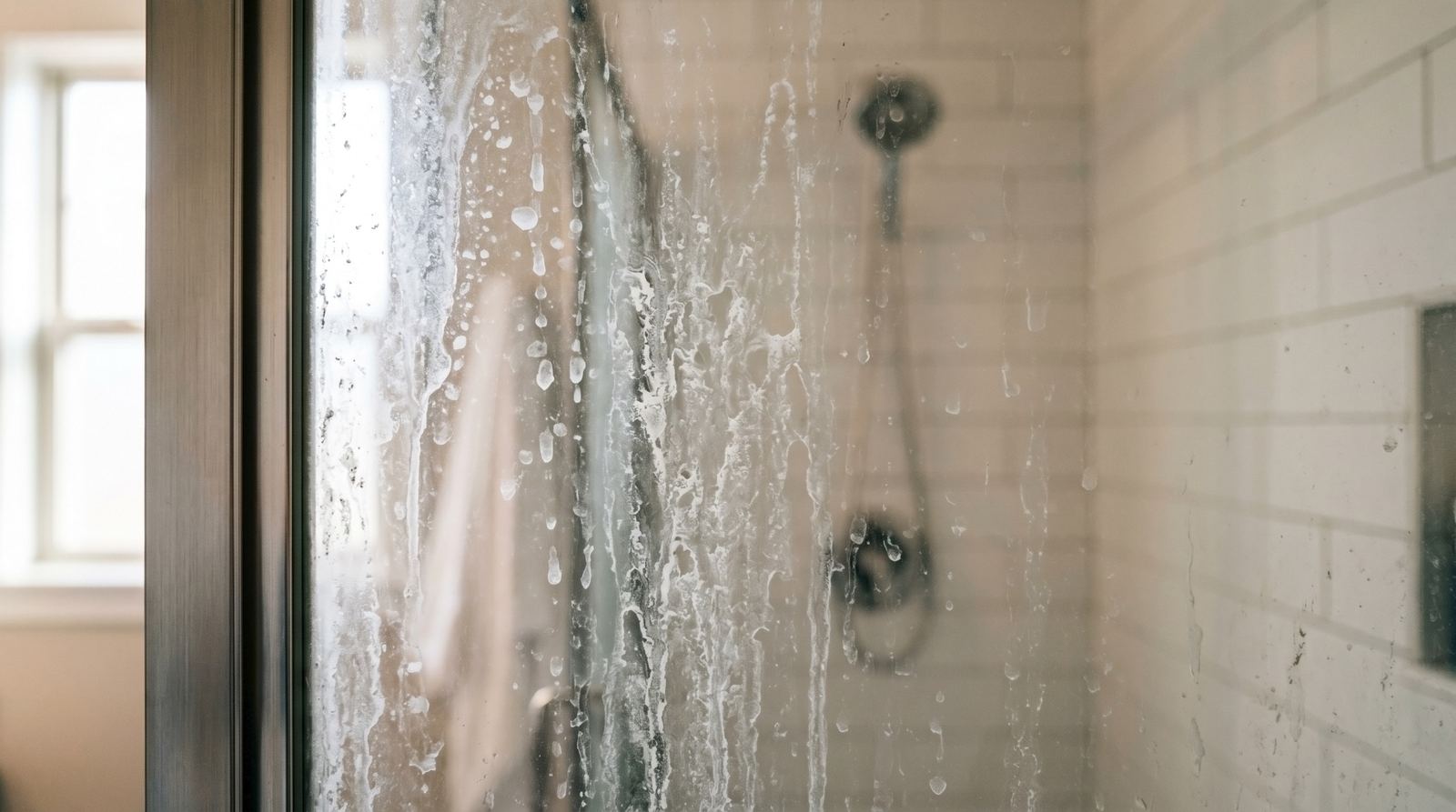 Hard water spots and film on a glass shower door