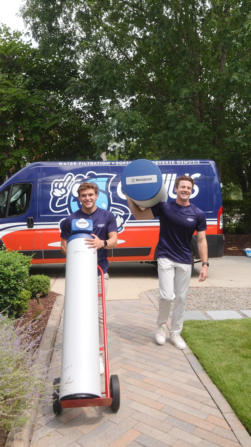 Genius Water Co. team arriving with water treatment equipment at a Triangle home